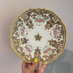 Antique French Porcelain Plate – Raised‎ Gold & Pink Rose Garlands, ~8.75"